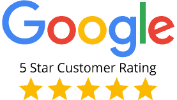 Google logo with five gold stars, representing high customer ratings for Exceed Carpet Cleaning services.