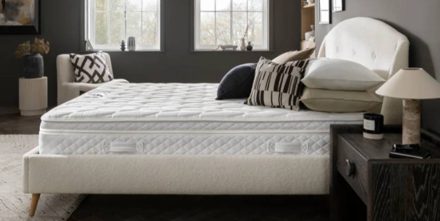 Modern bedroom featuring a clean, neatly made mattress on a stylish bed frame, surrounded by decorative pillows, a bedside table, and natural light from windows, emphasizing the importance of professional mattress cleaning for a healthy sleeping environment.