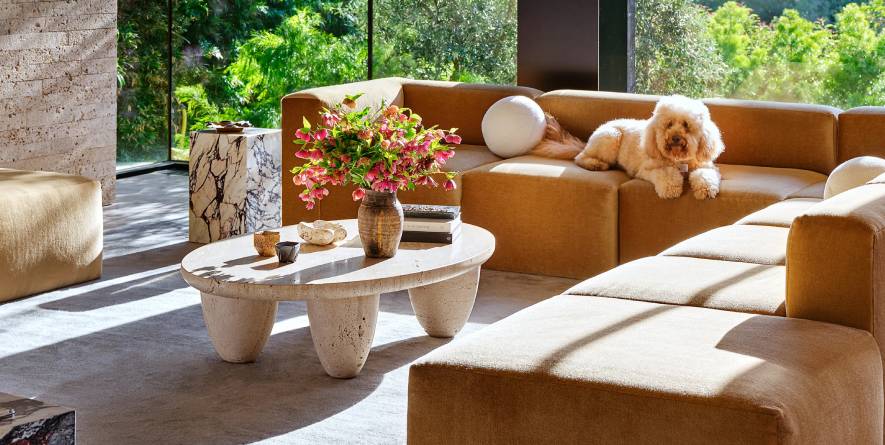 Cozy living room with modern furniture, a fluffy dog resting on a tan sectional sofa, and a coffee table adorned with flowers and decorative items, highlighting a pet-friendly space.