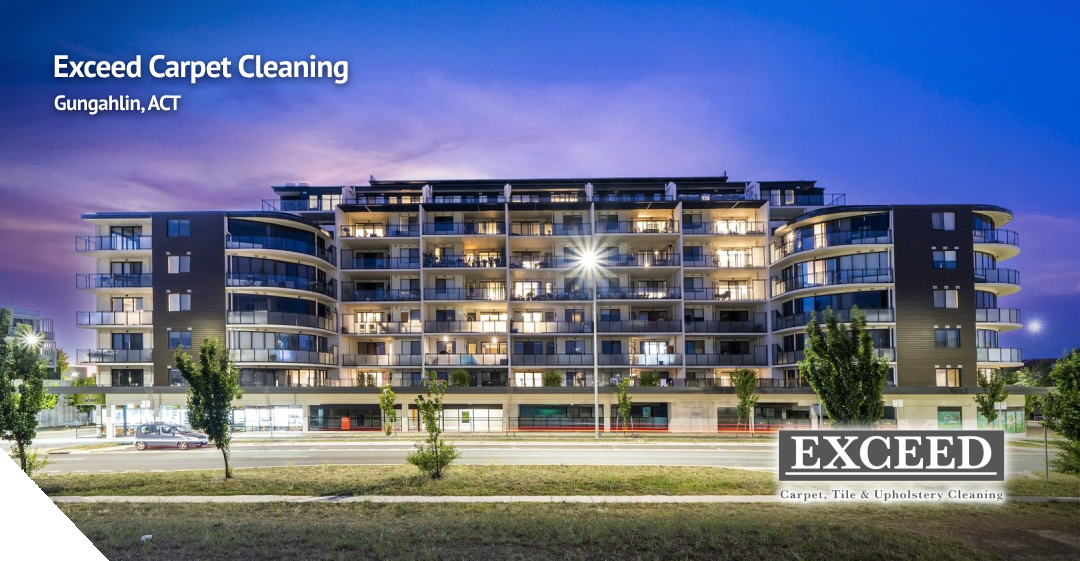 Exceed Carpet Cleaning banner featuring a modern building in Gungahlin, ACT, with the company logo and emphasis on residential and commercial cleaning services.