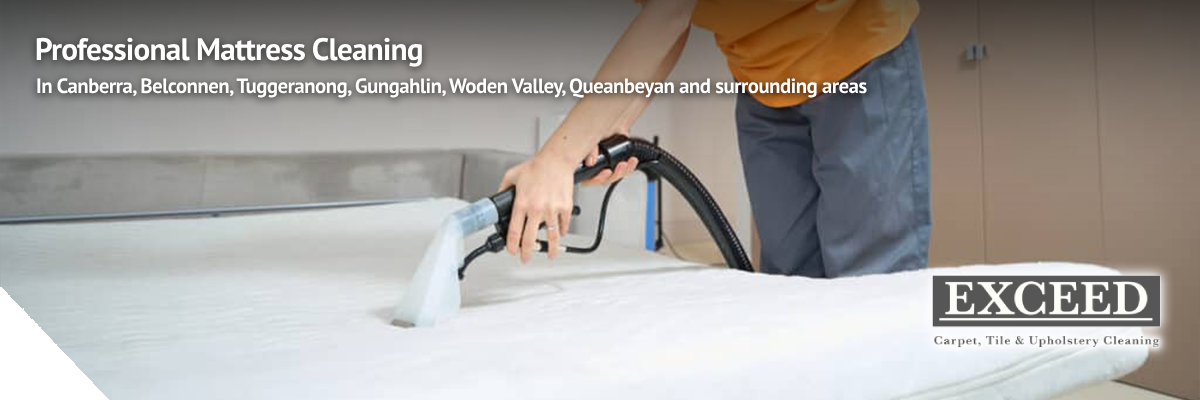 Professional mattress cleaning service in Canberra, showcasing technician using steam cleaning equipment on a mattress, emphasizing thorough cleaning and sanitation by Exceed Carpet Cleaning.