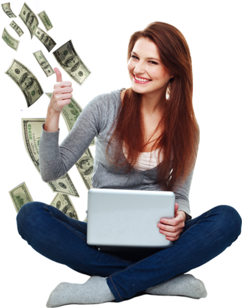 Smiling woman giving a thumbs up while sitting with a tablet, surrounded by floating dollar bills, symbolizing savings and promotions for Exceed Carpet Cleaning services.