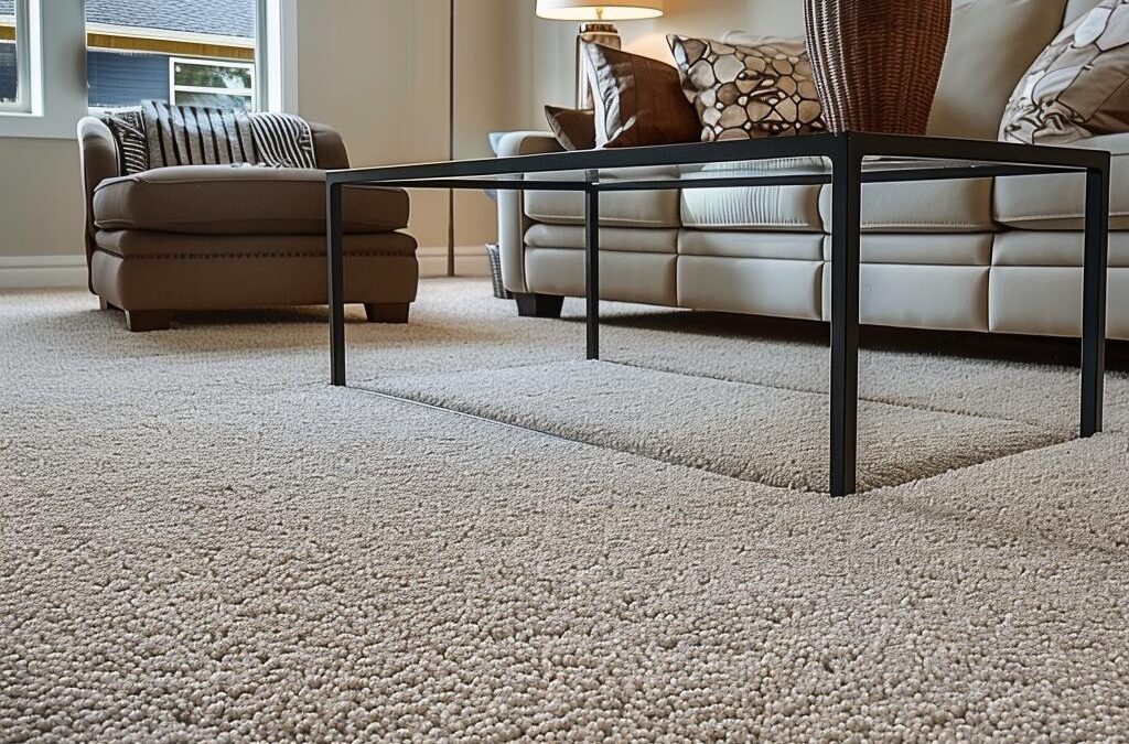 Living room with plush carpet, coffee table, and leather sofa, illustrating a clean, inviting space for pet owners addressing carpet stains and odors.