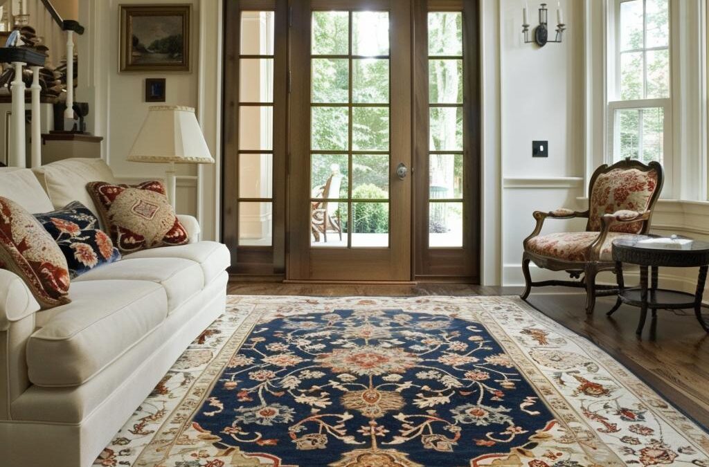 Elegant living room featuring a richly patterned area rug, plush white sofa with decorative pillows, and large glass doors leading to an outdoor space, emphasizing the importance of professional care for valuable textiles.