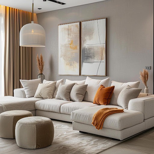 Modern living room with a light-colored sectional sofa adorned with decorative pillows, featuring a round ottoman and abstract wall art, creating a stylish and inviting space for upholstery cleaning tips in Canberra homes.