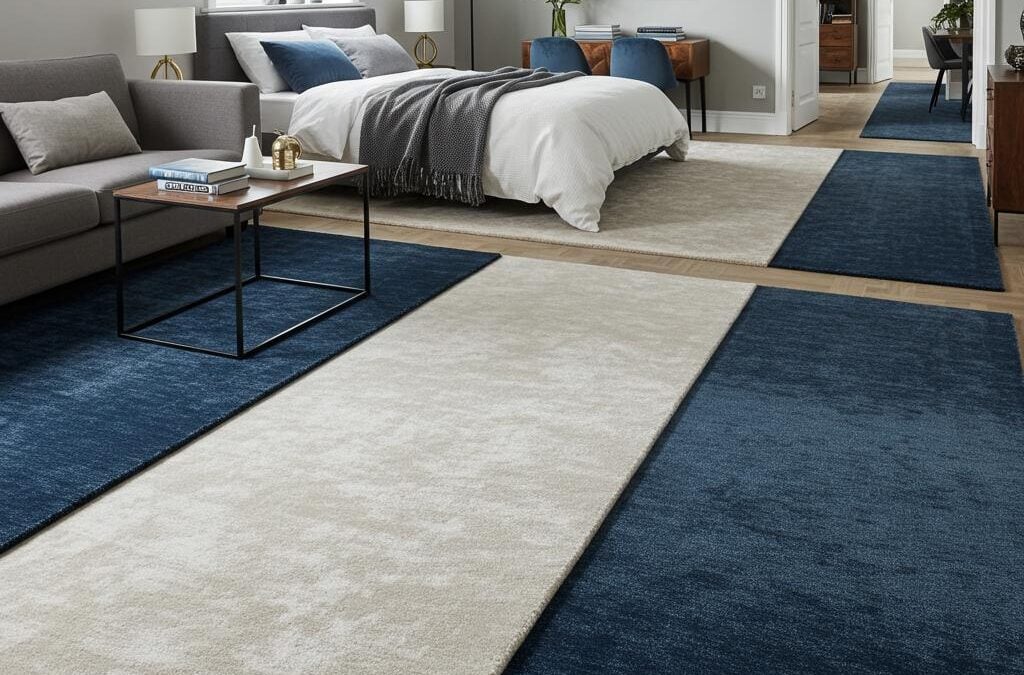 Modern living room and bedroom with stylish carpets, featuring a gray sofa, coffee table, and a bed with white bedding, highlighting carpet maintenance and interior design.