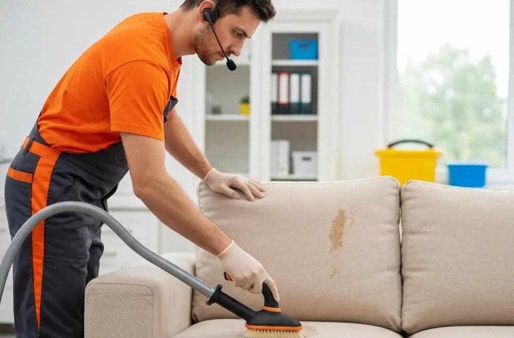 Professional upholstery cleaner using a vacuum tool on a stained couch, showcasing Exceed Carpet Cleaning's services in a bright indoor setting.