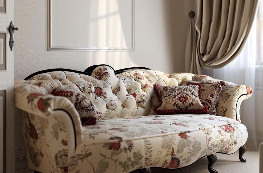 Elegant upholstered sofa with floral pattern and decorative pillows, highlighting upholstery cleaning services by Exceed Carpet Cleaning in Monash and Tuggeranong.