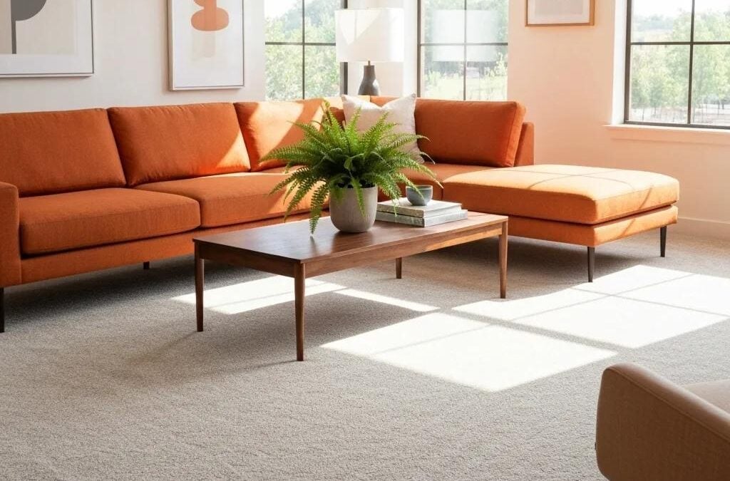 Modern living room with orange sofa, wooden coffee table, and potted fern on clean carpet, illustrating the importance of professional carpet cleaning for a healthy home environment.