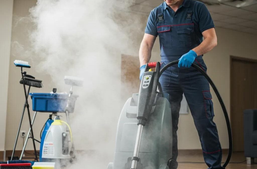 Professional carpet cleaner using steam cleaning equipment in a well-lit room, surrounded by cleaning tools, emphasizing high-quality carpet cleaning services in Canberra.